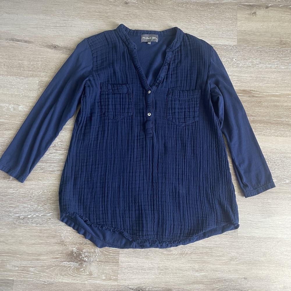 Michael Stars Navy Gauze Long Sleeve Blouse Medium Button Front Collar